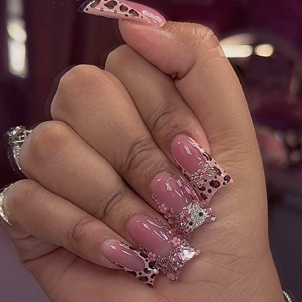 Chic Safari Long Duck Pink Glitter Press On Nail Set With Unique Animal Print Tips