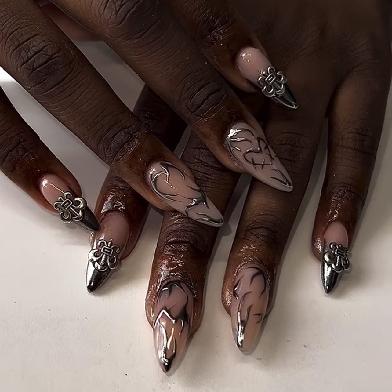 Elegant Enchantment Long Almond Beige with Metallic Floral Accents Press On Nail Set