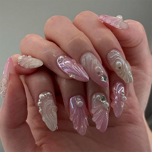 Fairy Garden Long Almond Pink and White Swirl Design with Pearl Accents Press On Nail Set