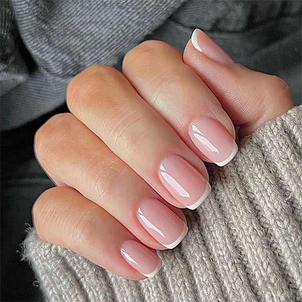 Elegant Blossom Short Square Pink Ombre Nails with Glossy Finish and Delicate White Tips