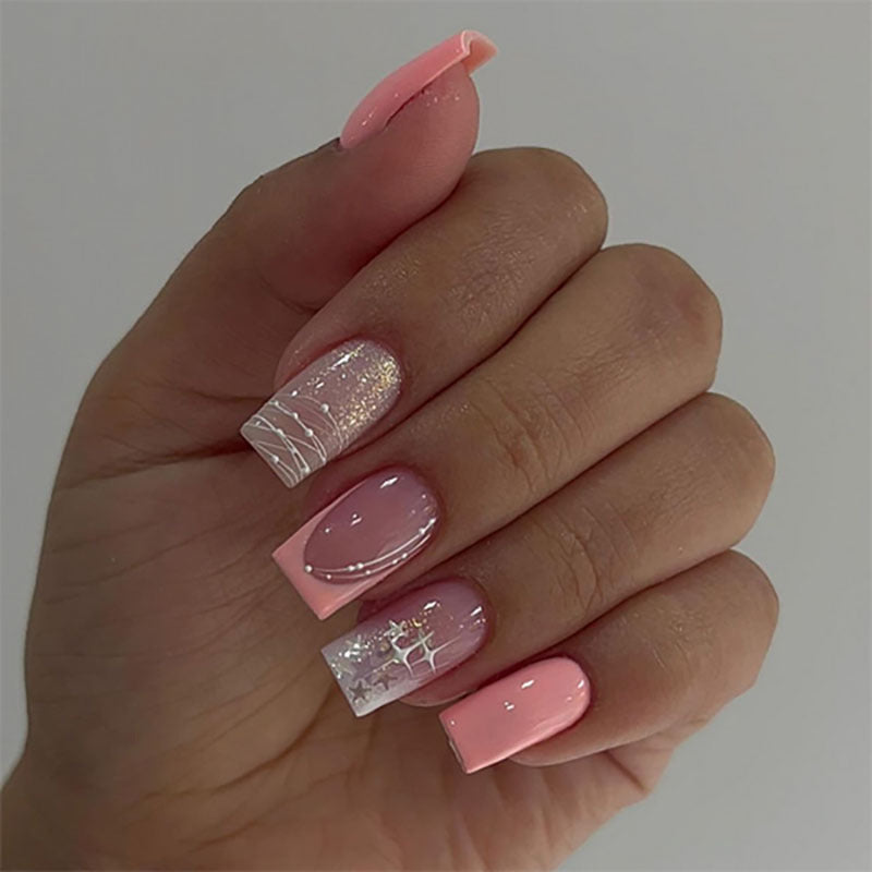 Blossom Dream Medium Square Pink Press On Nail Set with Glitter and Unique Art Design