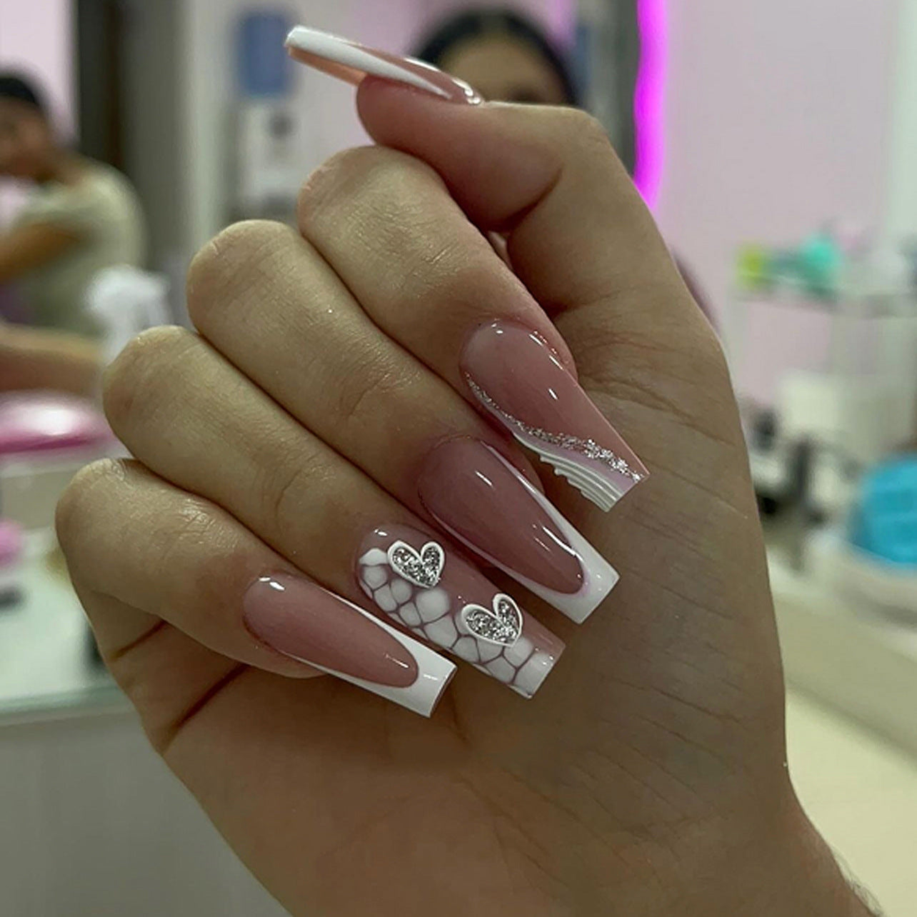 Charming Romance Long Coffin Pink with White Tips and Heart Design Nail Set