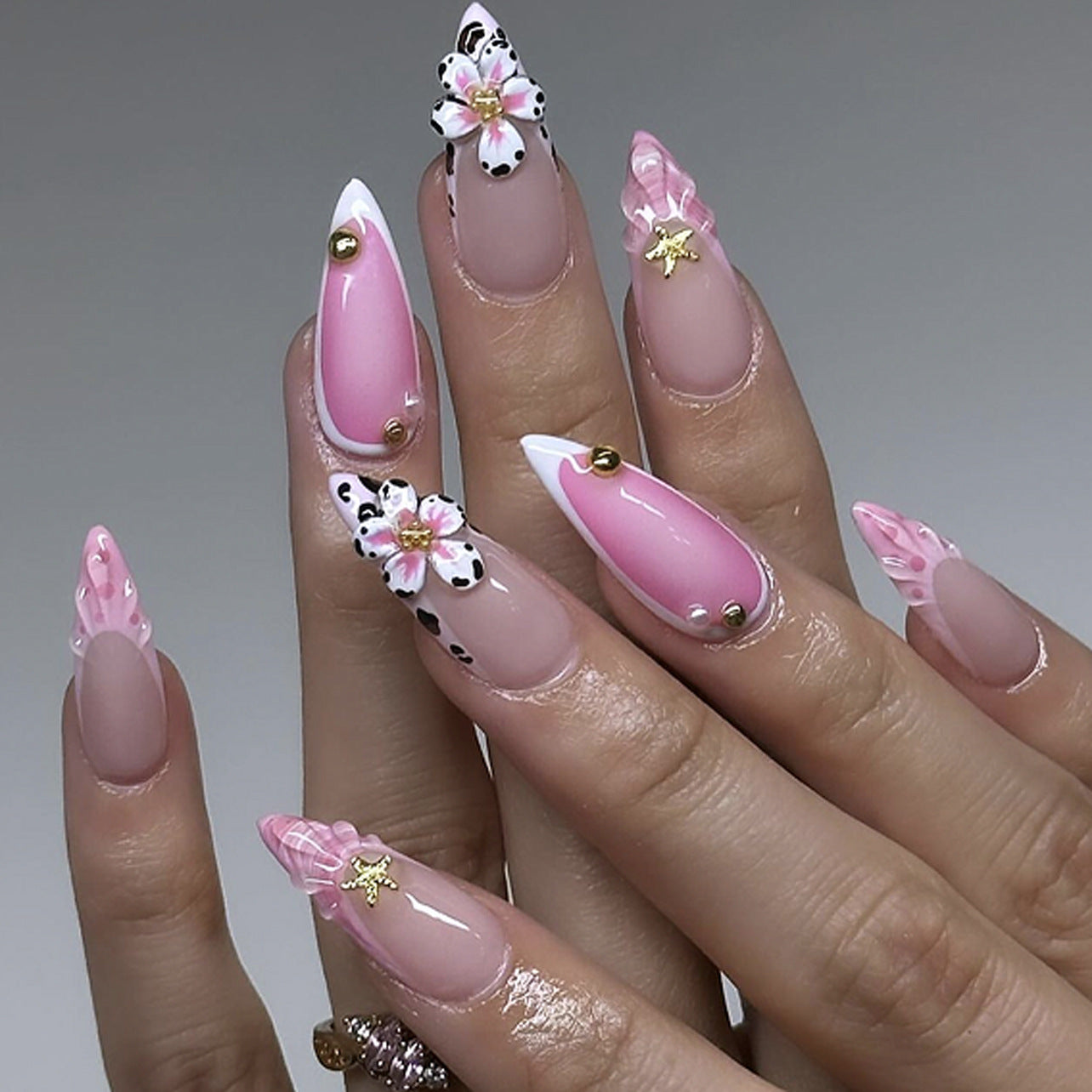 Whimsical Blossom Press on Nail Set Long Stiletto Pink Floral Embellishments