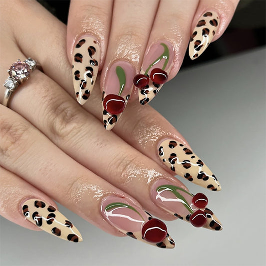 Wild Beauty Medium Stiletto Press-On Nails in Beige with Leopard Print and Glossy Cherry Accent