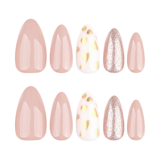 Whimsical Romance Press-On Nail Set Short Almond Soft Pink with Gold Heart Accents and Glitter Shine