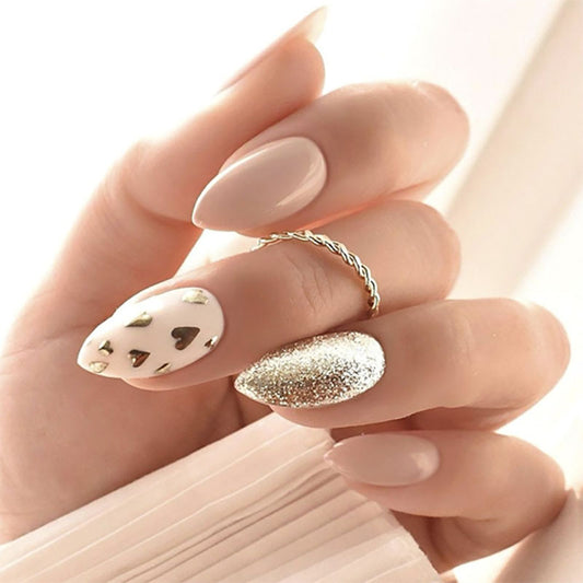 Glamorous Elegance Short Almond Soft Pink and White Heart Design with Sparkling Gold Accents Press On Nail Set