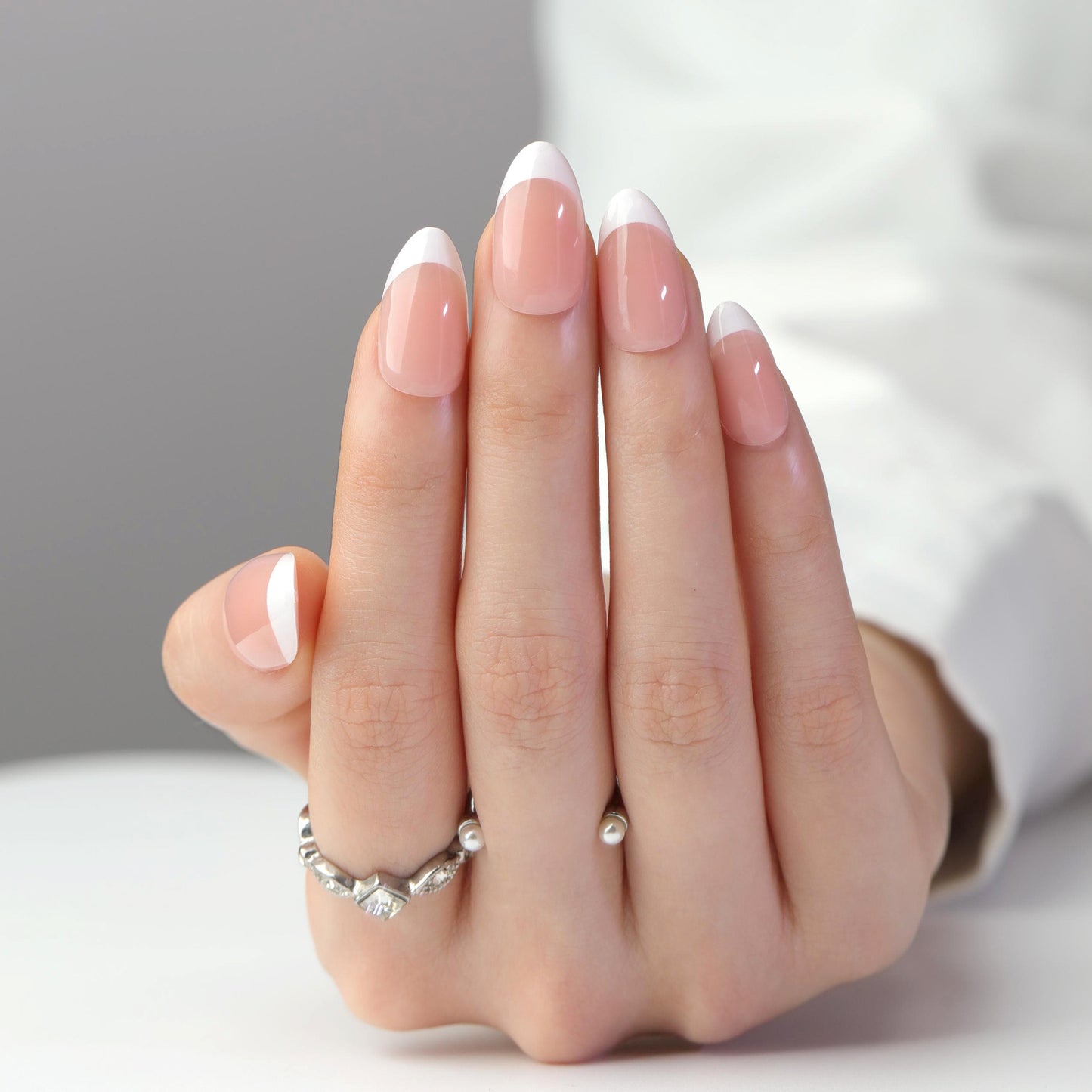 Elegant Garden Medium Almond Pink with White Tips and Glossy Finish Press On Nail Set