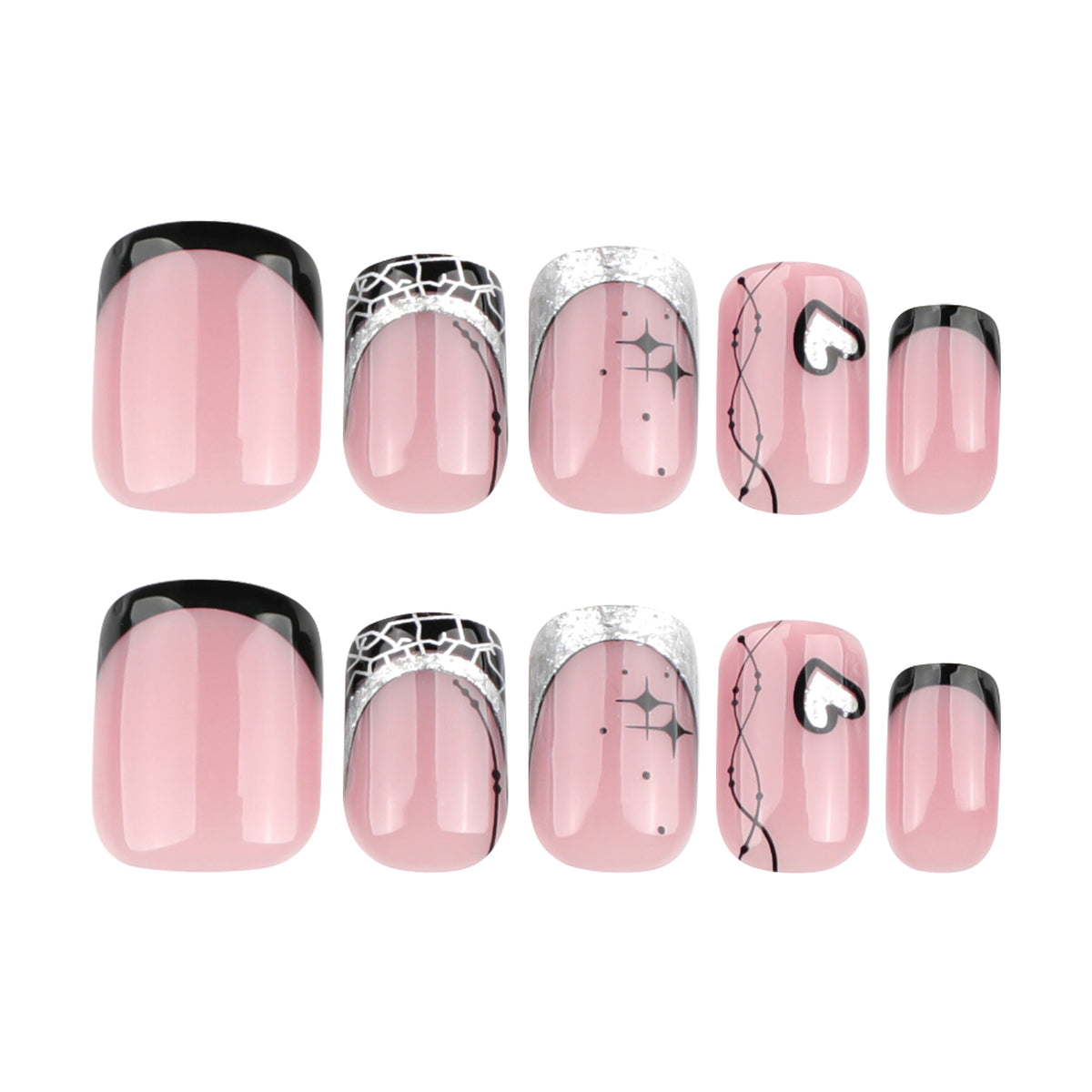 Whimsical Elegance Short Square Pink Nails with Unique Black and Silver Artistry