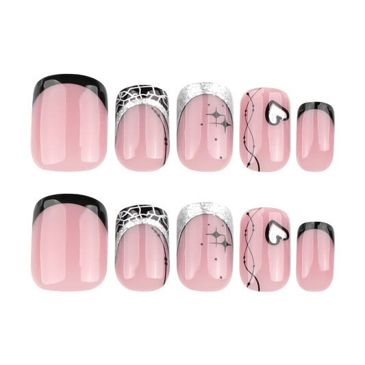 Whimsical Elegance Short Square Pink Nails with Unique Black and Silver Artistry