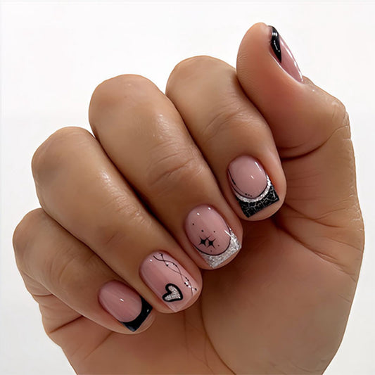 Whimsical Charm Short Square Blush Pink with Glittery Tips and Artistic Designs Press On Nail Set