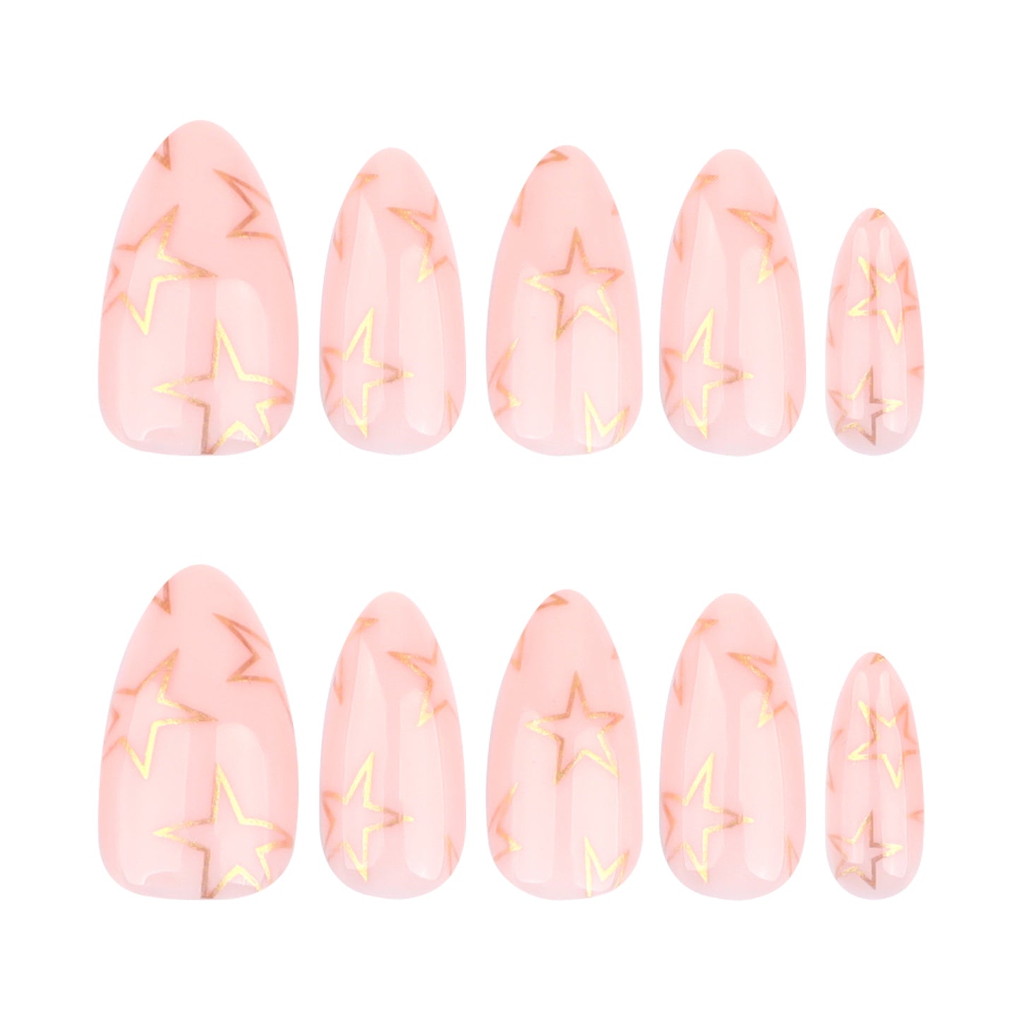 Dreamy Night Sky Elegant Short Almond Shape Soft Pink Color with Dazzling Gold Star Designs Press On Nail Set