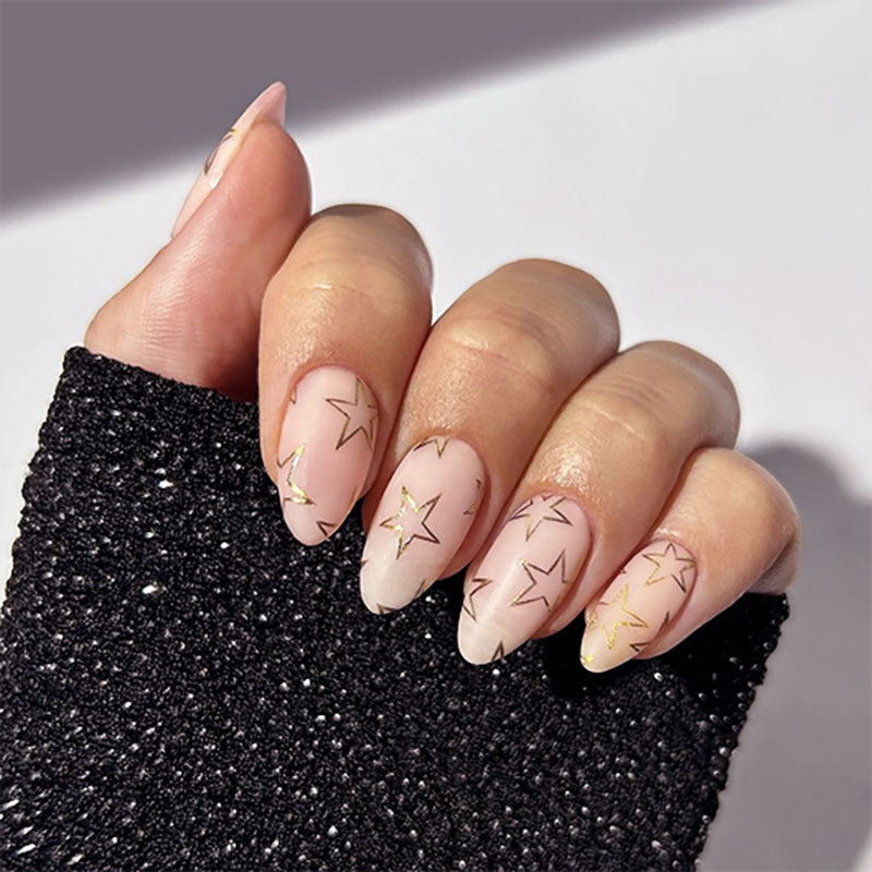 Celestial Dreams Short Almond Beige Stars and Gold Foil Design Press On Nail Set