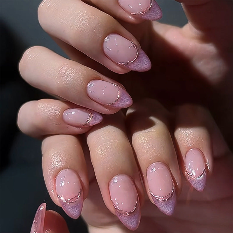 Whimsical Charm Medium Almond Pink Ombre Press On Nails with Delicate Gold Accent