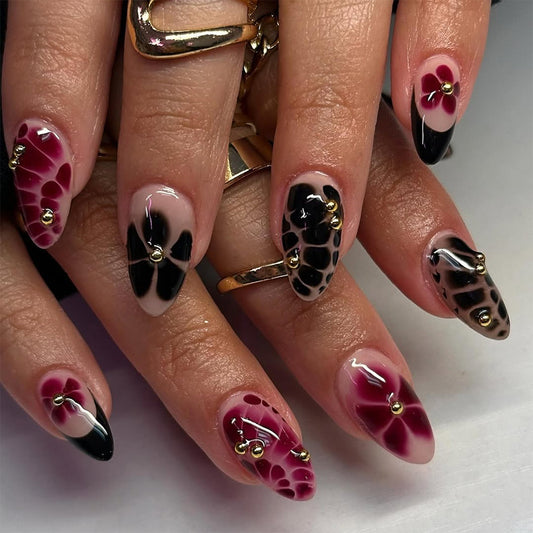 Gothic Garden Medium Almond Burgundy and Black Press On Nail Set with Golden Accent Beads
