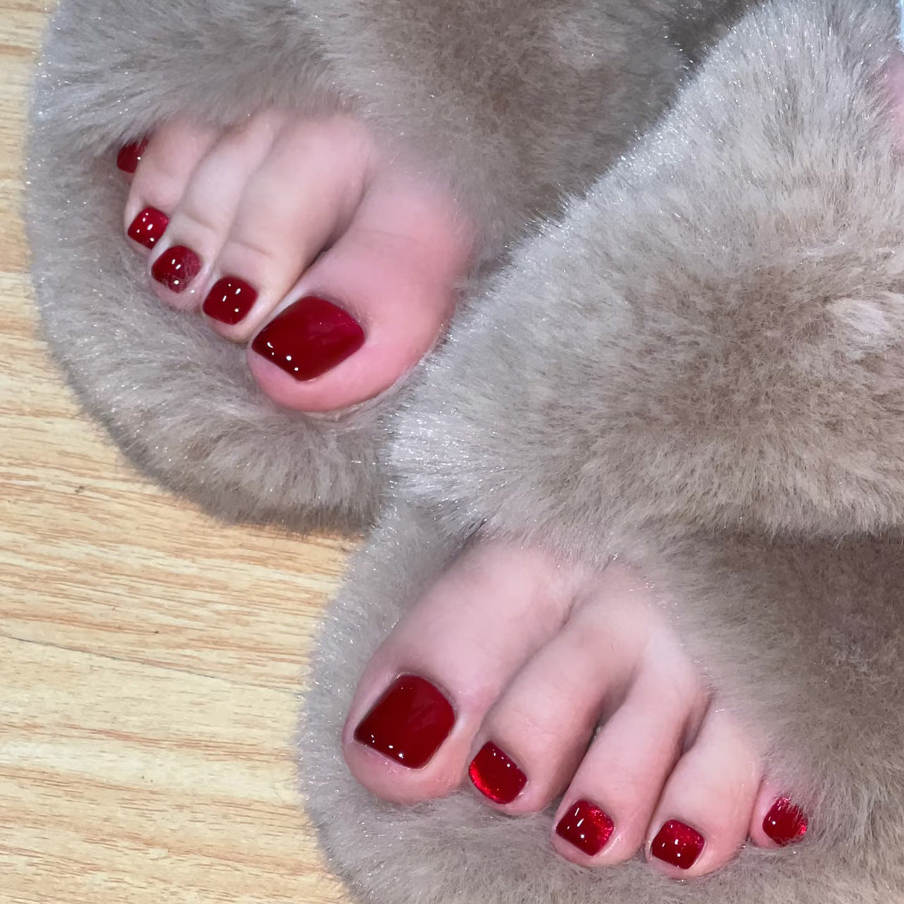Glamorous Elegance Short Square Burgundy Press On Toenail Set with High Gloss Finish