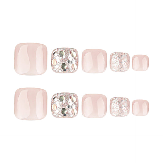 Dreamy Blossom Short Square Light Pink Press On Toenail Set with Sparkling Accent Detail