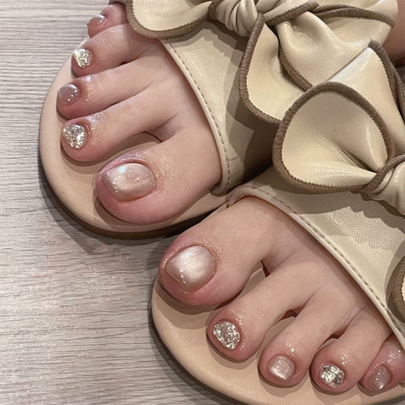 Elegant Ocean Breeze Short Square Press-On Toenail Set in Soft Beige with Glittering Accents