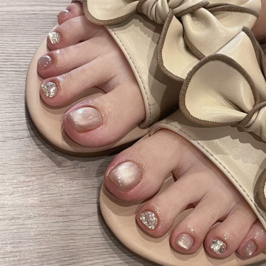 Elegant Ocean Breeze Short Square Press-On Toenail Set in Soft Beige with Glittering Accents