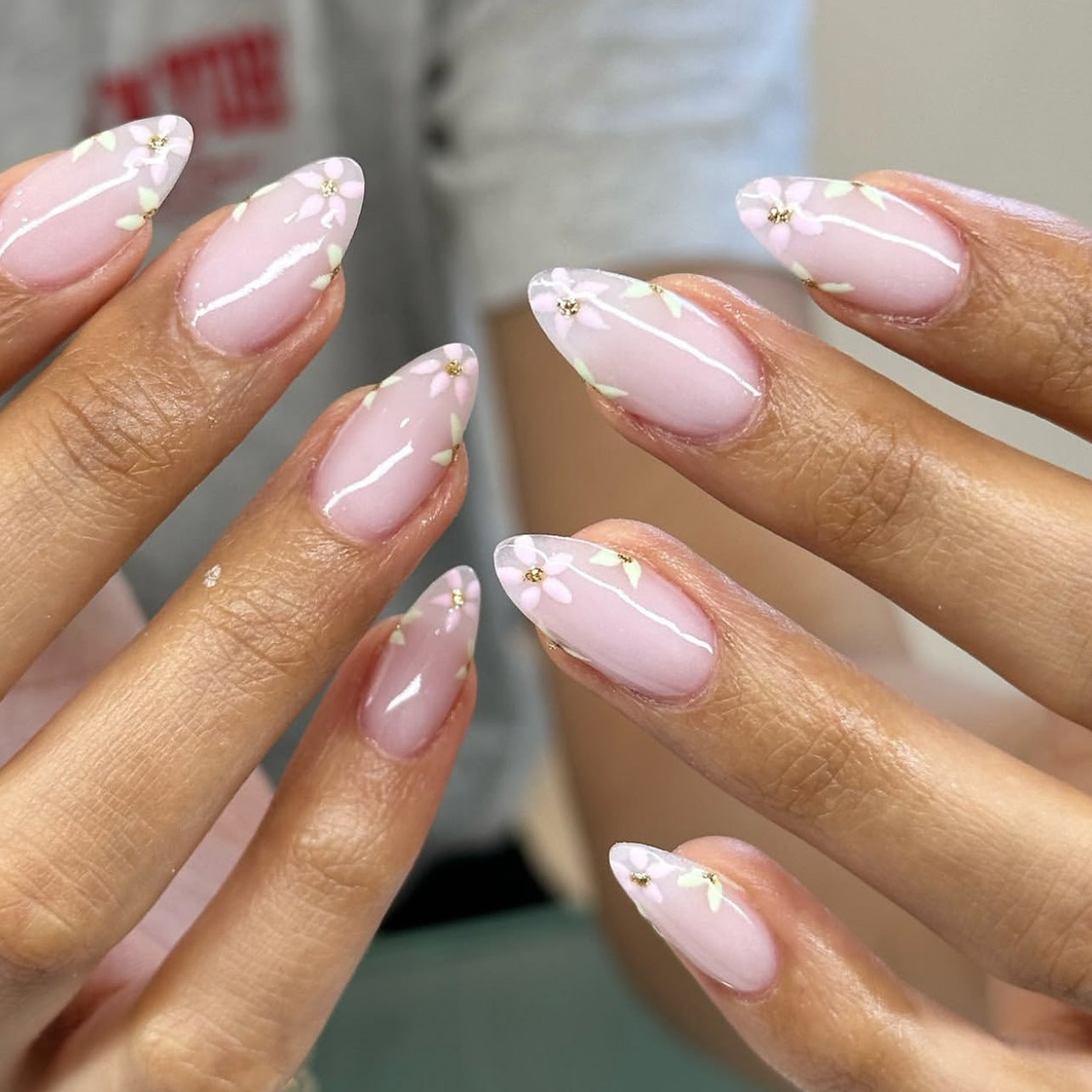 Floral Elegance Medium Almond Pink Press On Nail Set with Delicate Flower Accents
