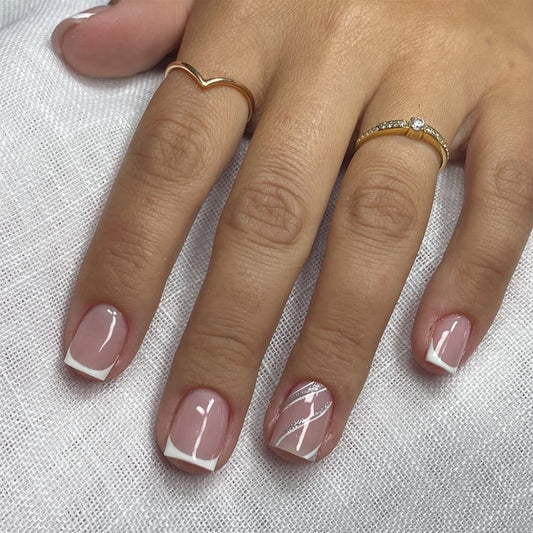 Elegant Serenity Short Square Pink Nails with Chic White Tips and Sparkling Silver Accents