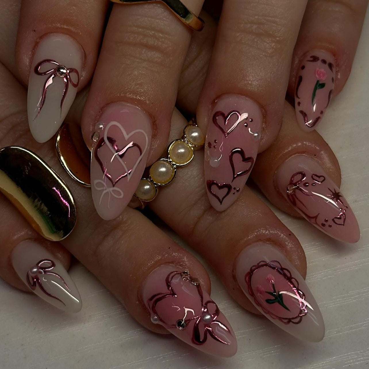 Romantic Elegance Medium Almond Blush Pink with Beautiful Heart and Bow Accents Press On Nail Set