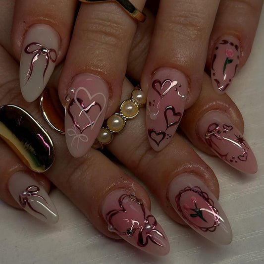 Romantic Elegance Medium Almond Blush Pink with Beautiful Heart and Bow Accents Press On Nail Set