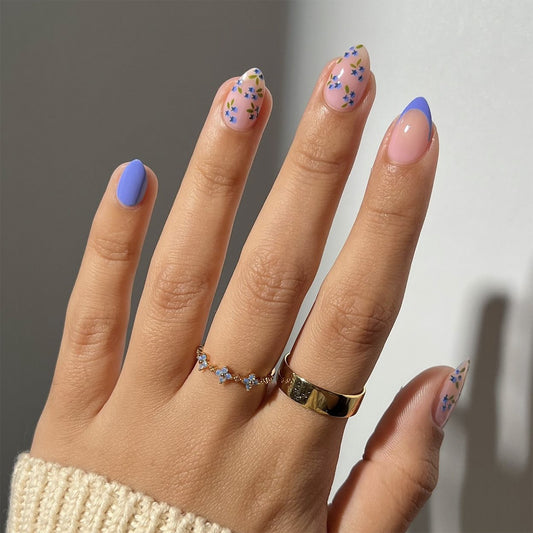 Floral Fantasy Short Almond Lavender and Pink Press On Nail Set with Delicate Flower Accents