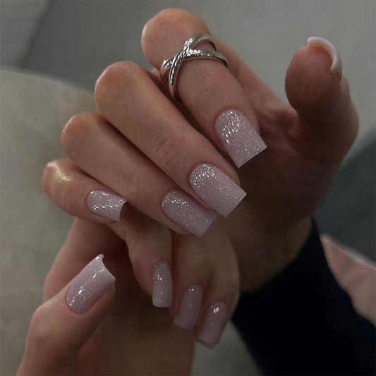 Enchanted Elegance Medium Square Pink Glitter Press On Nail Set