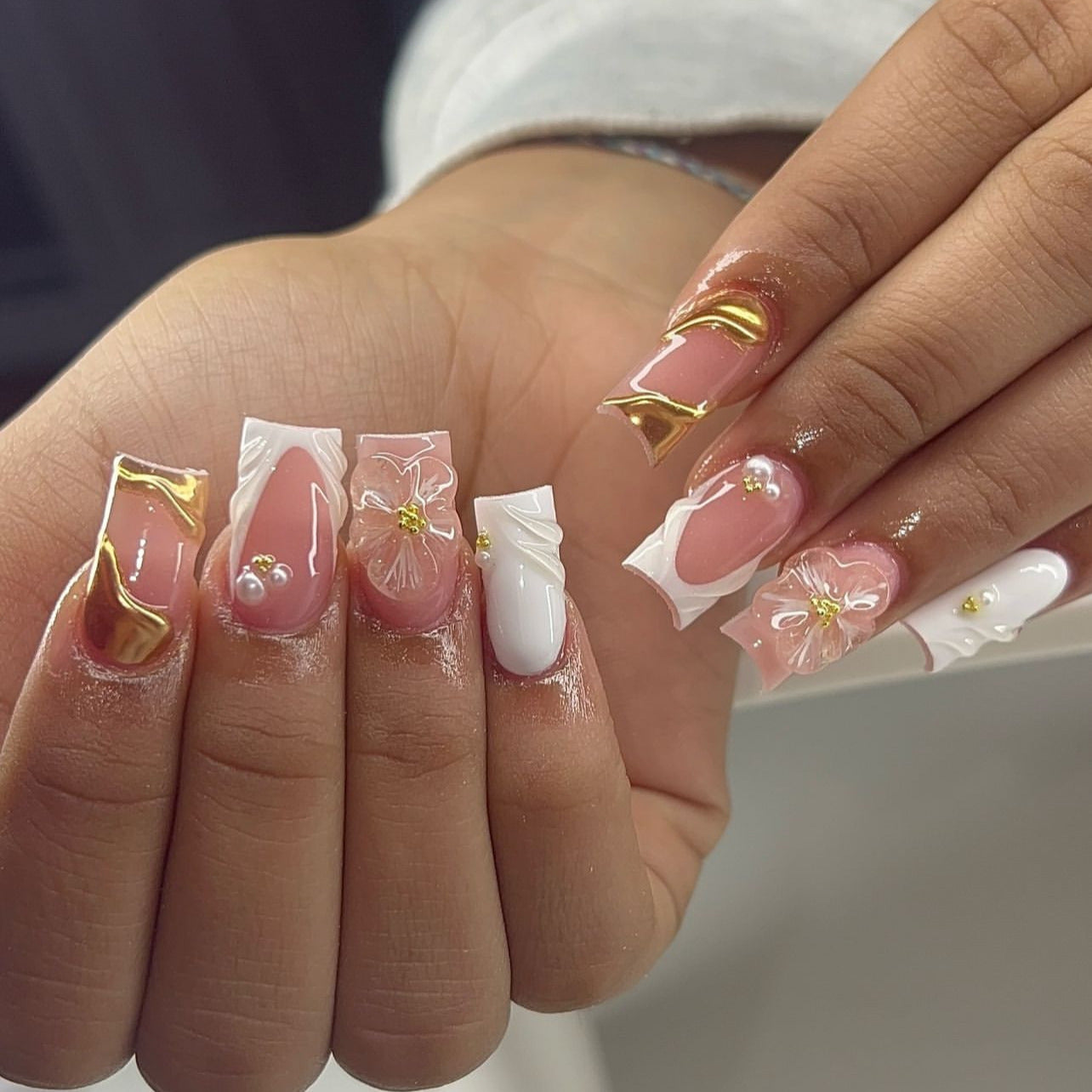 Elegant Blossom Whisper Long Square Pink and White Nail Set with Gold Foil Accents