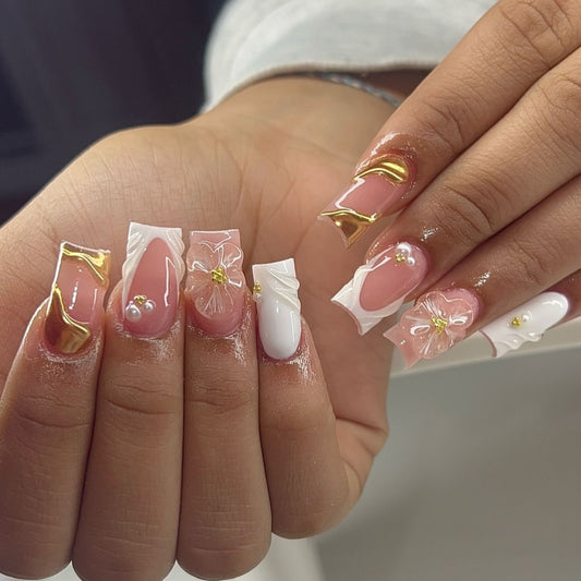 Elegant Blossom Whisper Long Square Pink and White Nail Set with Gold Foil Accents