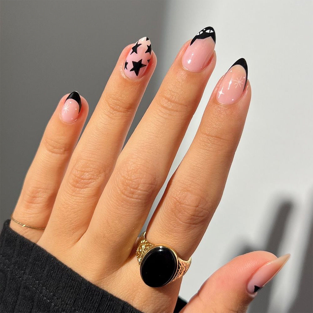 Starry Night Chic Short Almond Black and Pink Nail Set with Unique Artistic Designs