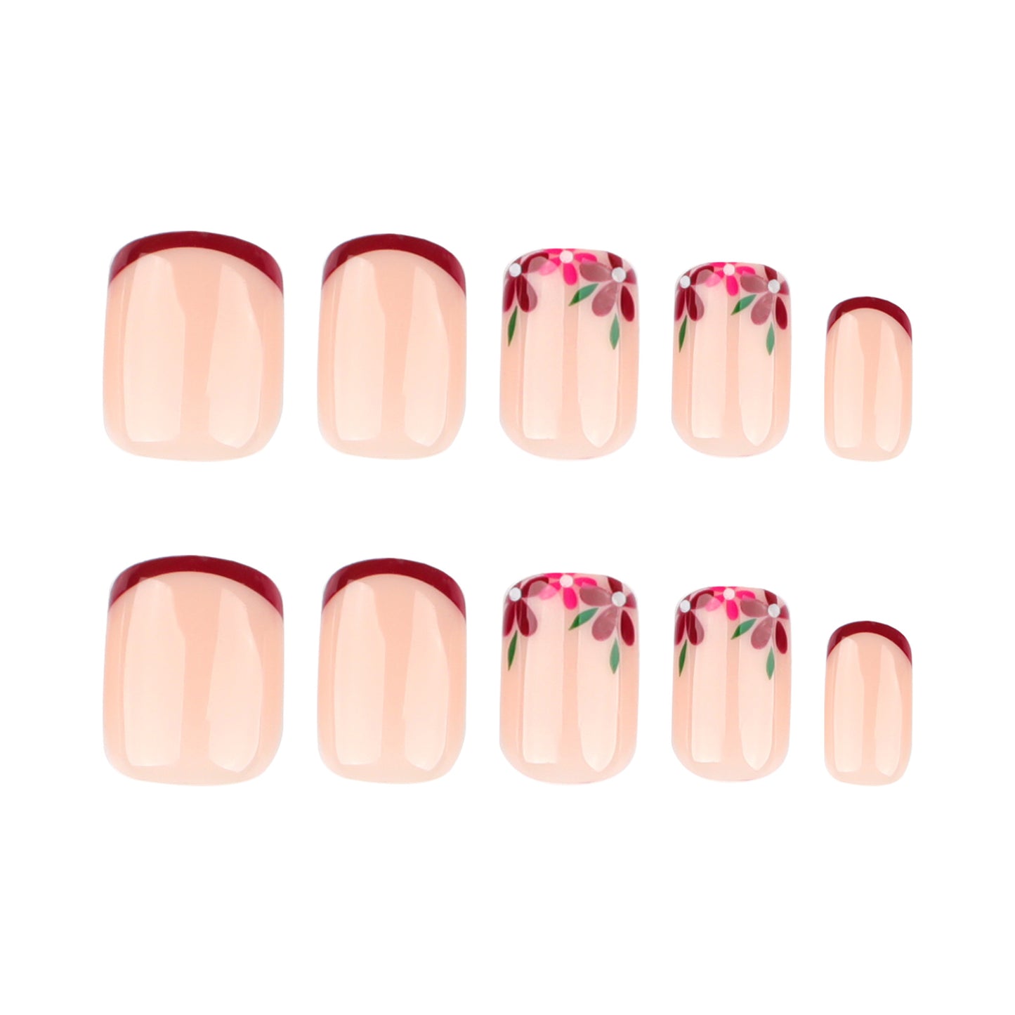 Floral Elegance Short Squoval Peach with Floral Accents and Deep Red Tips Press-On Nail Set