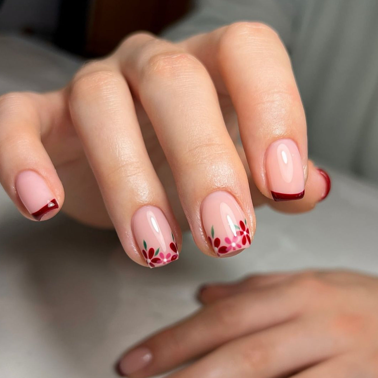 Whimsical Blossom Pink Short Square Nail Set with Charming Floral Accents and Elegant Red Tips