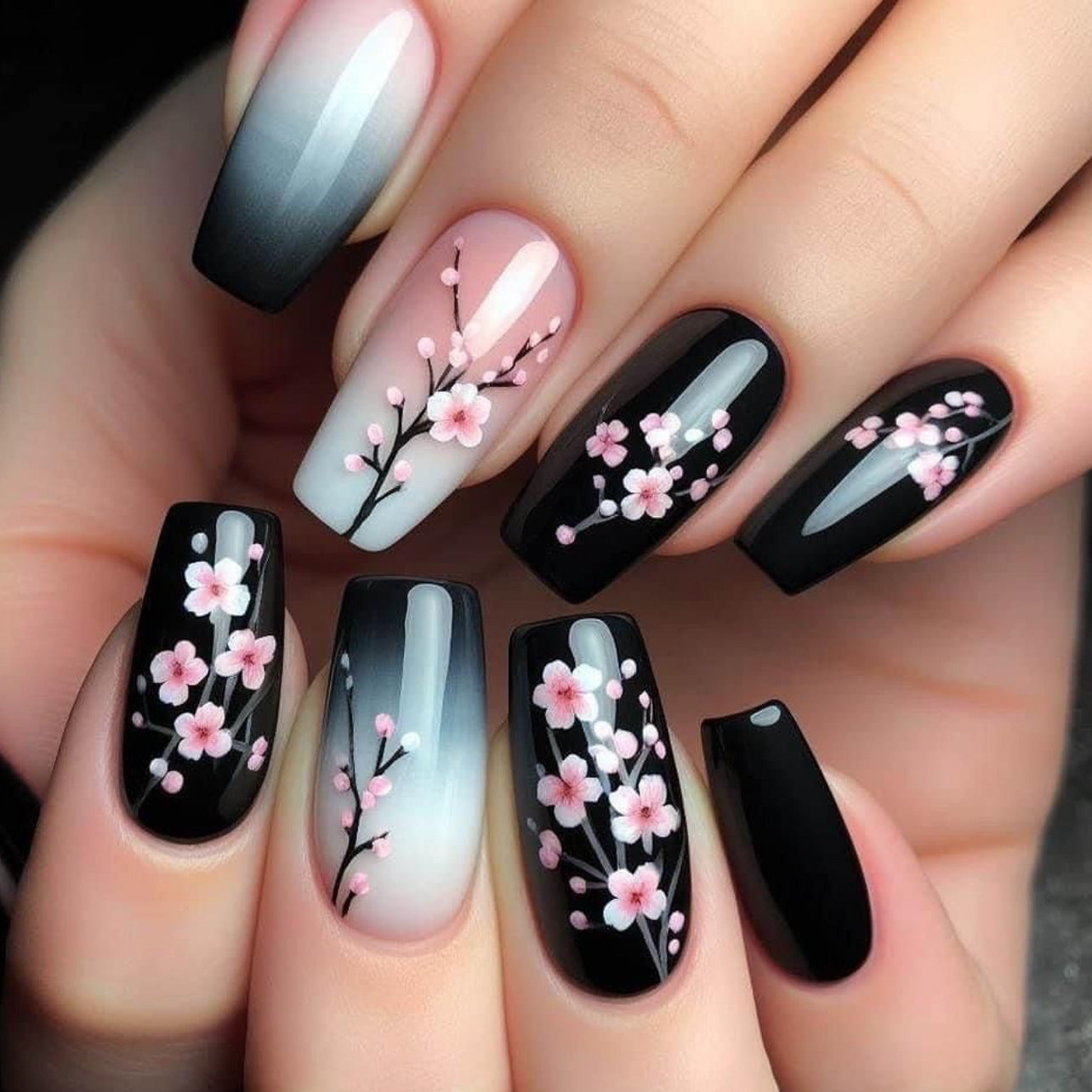 Cherry Blossom Dreams Long Coffin Black and Ombre Floral Design Press On Nail Set