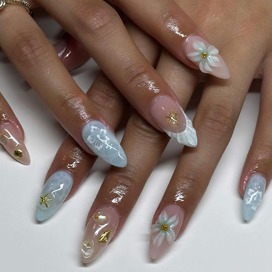 Tropical Bliss Medium Almond Blue and Pink Floral Design with Gold Accents Press On Nail Set