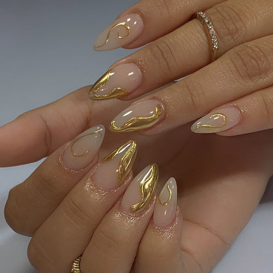 Gilded Flames Elegant Medium Almond Shape Beige and Gold Press On Nail Set