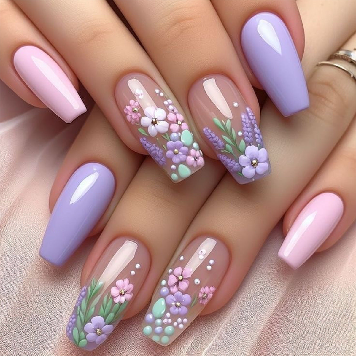 Blooming Garden Glamour Press-On Nail Set in Medium Coffin Lilac and Pink with Floral Art Design