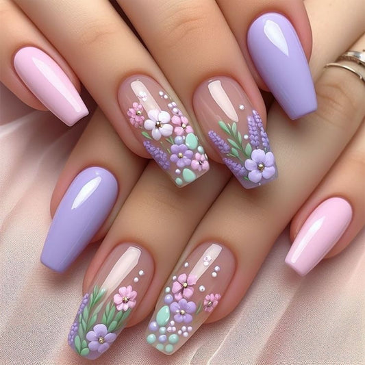 Blooming Garden Glamour Press-On Nail Set in Medium Coffin Lilac and Pink with Floral Art Design