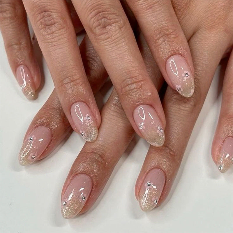 Glamorous Elegance Medium Almond Shaped Beige with Glitter French Tips and Sparkling Rhinestones Press On Nail Set