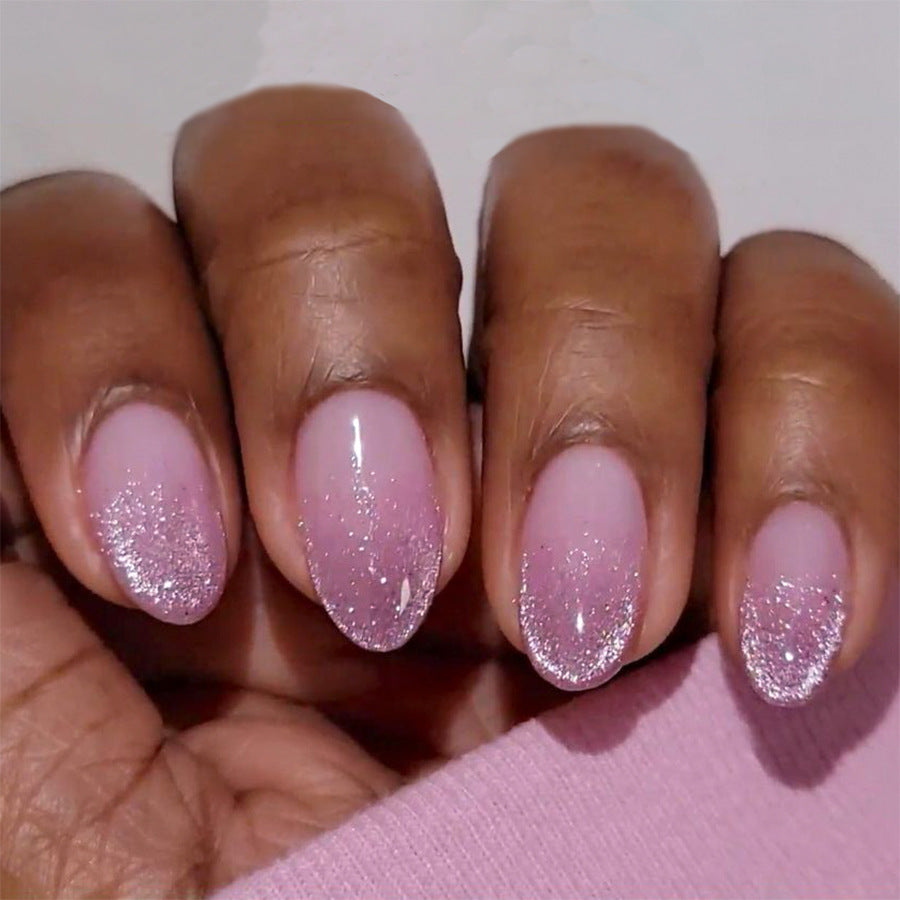 Enchanted Elegance Short Almond Pink Ombre Press-On Nail Set with Sparkling Glitter Tips