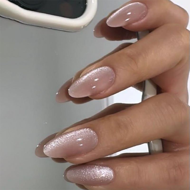Glamorous Chic Medium Almond Shaped Soft Pink Glossy Press On Nail Set with Iridescent Finish