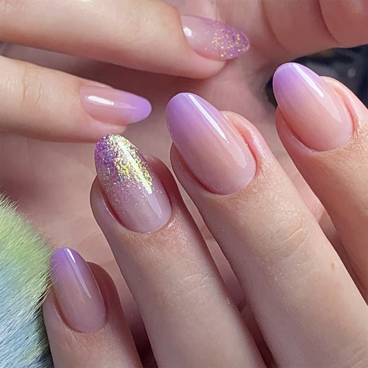 Dreamy Lavender Medium Oval Press On Nail Set with Glitter Ombré Finish