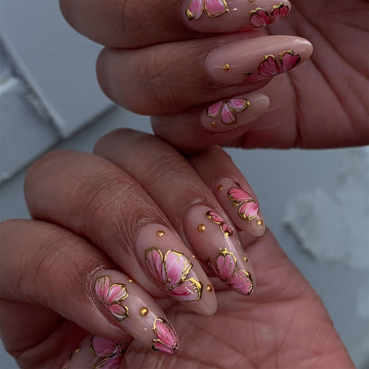 Garden Delight Medium Almond Shaped Blush Pink Press On Nail Set with Floral Gold Accents