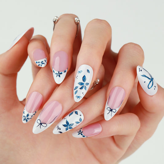 Whimsical Garden Inspired Extra Long Almond Shaped Blue and White Floral Press On Nail Set