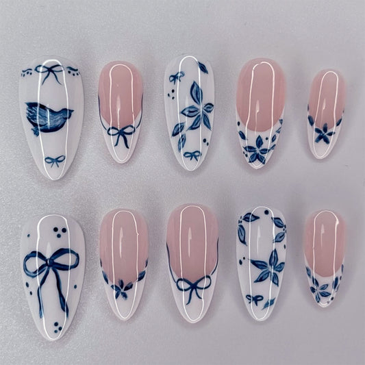 Charming Garden Design Long Almond White and Pink Press On Nail Set Featuring Elegant Floral Artwork