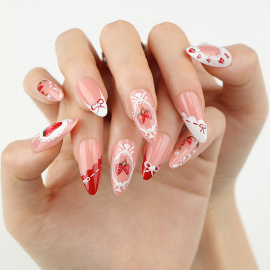 Sweet Delight Long Almond Pink Red and White Strawberry Themed Press-On Nail Set