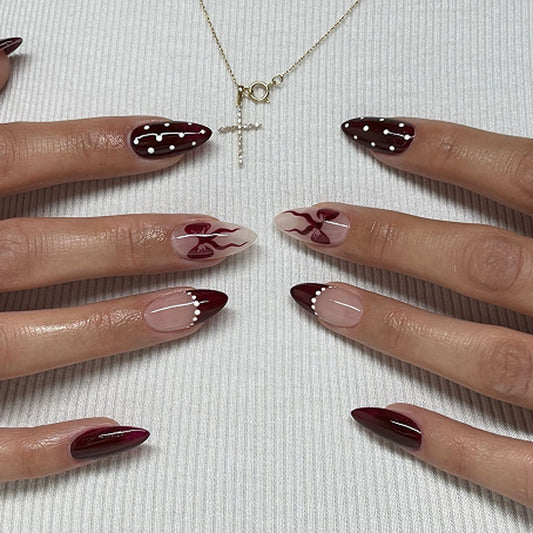 Chic Gothic Medium Stiletto Burgundy and Beige Press-On Nail Set Featuring Unique Abstract Design