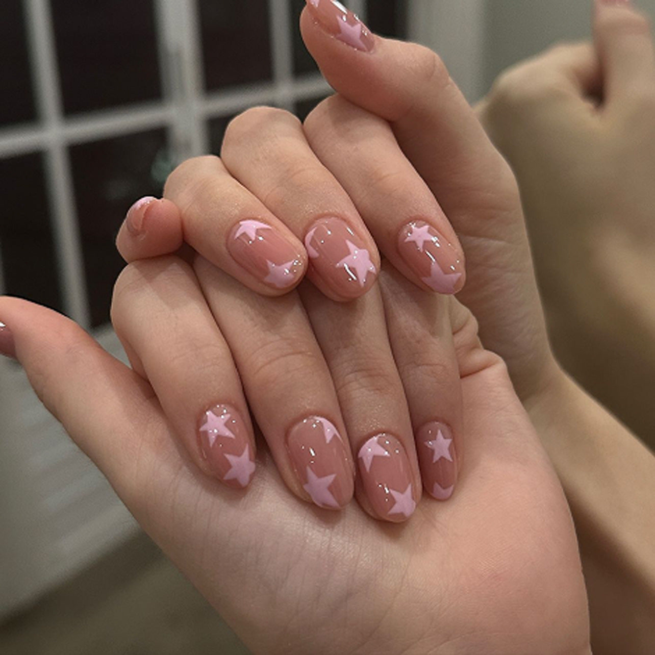Starry Night Elegance Short Round Blush Pink with Charming Star Accents Press-On Nail Set