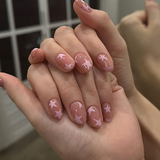 Starry Night Elegance Short Round Blush Pink with Charming Star Accents Press-On Nail Set