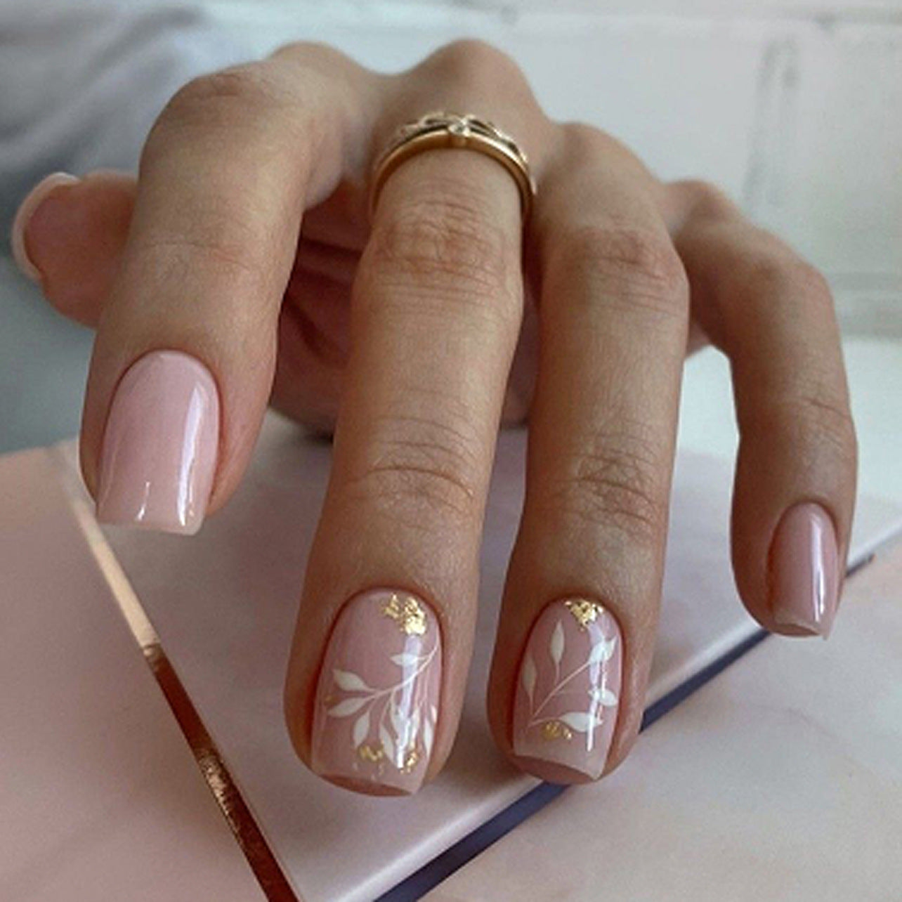 Botanical Elegance Medium Square Soft Pink with Floral Gold Leaf Accents Press On Nail Set